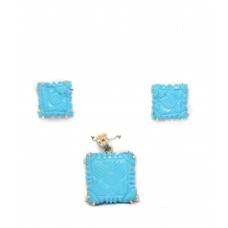 Pendant Earrings Set Powdered Engraved Turquoise 18kt Yellow Gold 18k Stone D344